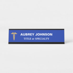 Elegant Golden Caduceus on Royal Blue Desk Name Plate