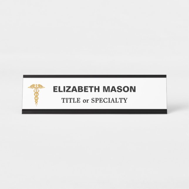 Elegant Golden Caduceus on White Desk Name Plate (Front)