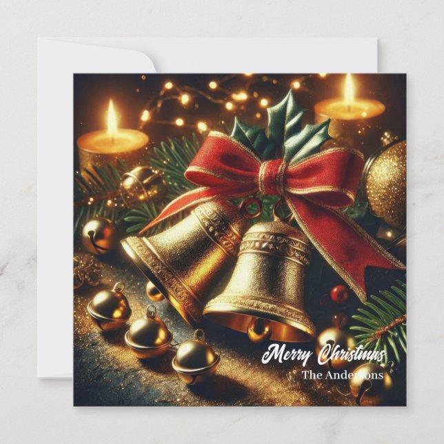 Elegant golden Christmas bells and holly berry Holiday Card (Front)