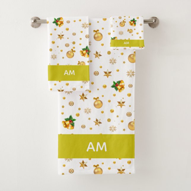 Elegant Golden Christmas Icons & Monogram on White Bath Towel Set (Insitu)