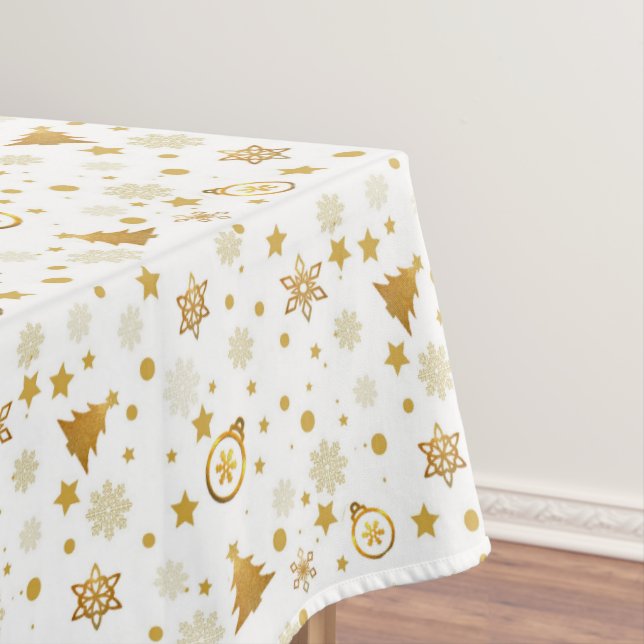 Elegant Golden Christmas Pattern on White Tablecloth (In Situ)