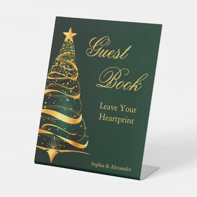 Elegant Golden Christmas Tree Guest Book Wedding Pedestal Sign (Front)