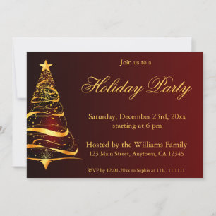 Elegant Golden Christmas Tree holiday Party Invitation