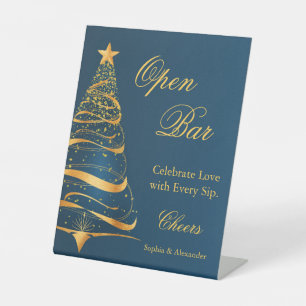Elegant Golden Christmas Tree Open Bar Wedding Pedestal Sign