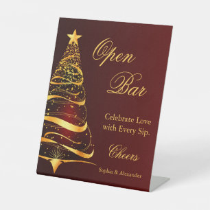 Elegant Golden Christmas Tree Open Bar Wedding Pedestal Sign