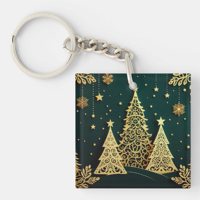 Elegant Golden Christmas Tree Pattern Key Ring (Front)