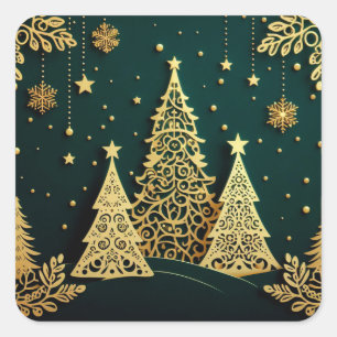 Elegant Golden Christmas Tree Pattern Square Sticker