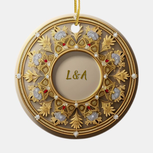 Elegant Golden Circular Frame Ceramic Ornament (Front)