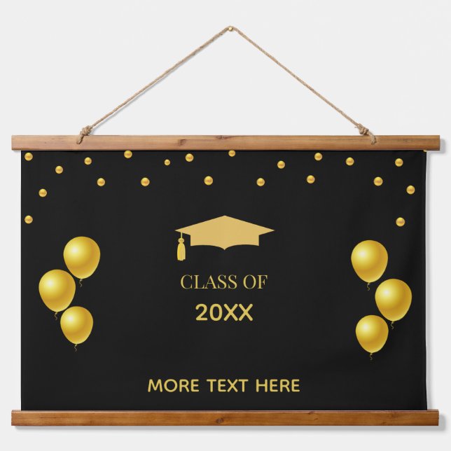 Elegant Golden Class of Graduation on Black Hanging Tapestry (Front)