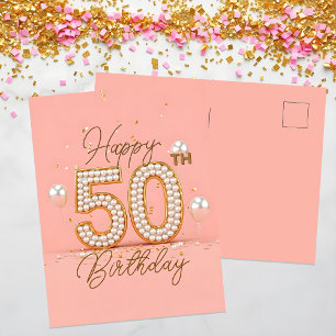 Elegant Golden Confetti & Balloons 50th Birthday Postcard