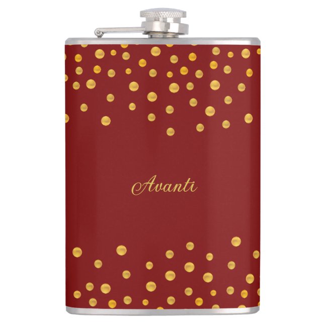 Elegant Golden Confetti on Red Personalised Hip Flask (Front)