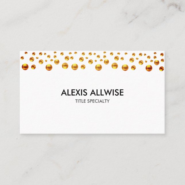 Elegant Golden Confetti on White Business Card (Front)