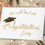Elegant Golden Congratulations Graduate Graduation Card<br><div class="desc">Elegant Golden Congratulations Graduate Graduation Card. Graduation card with graduation cap,  modern golden script and golden ornament. Congratulations and a name of the graduate on the front side - personalise with your name. Personalise the text inside the card or erase it.</div>