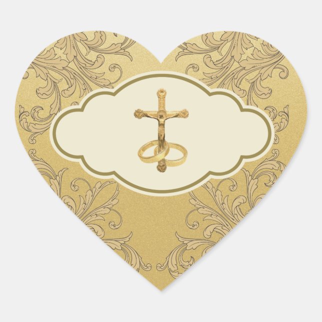 Elegant Golden Crucifix Wedding Rings  Heart Stick Heart Sticker (Front)