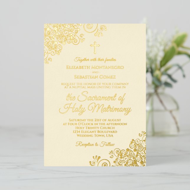 Elegant Golden Curls on Cream Catholic Wedding (Standing Front)