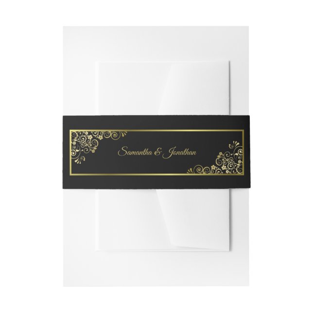 Elegant Golden Curls & Swirls Black Wedding Invitation Belly Band (Front Example)