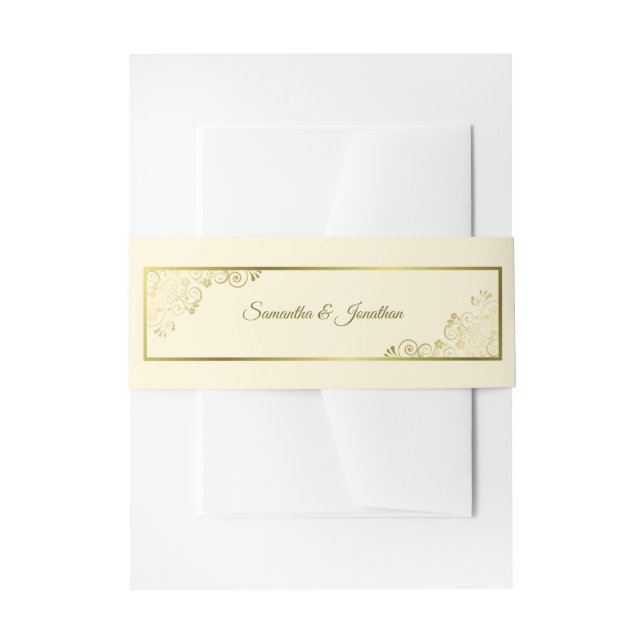 Elegant Golden Curls & Swirls Ivory Cream Wedding Invitation Belly Band (Front Example)