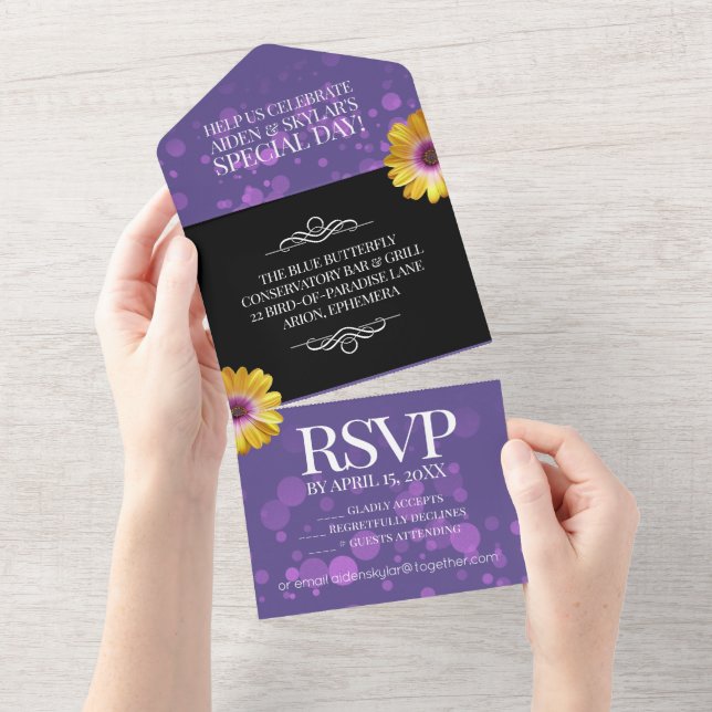 Elegant Golden Daisies with Purple Glitter Wedding All In One Invitation (Tearaway)