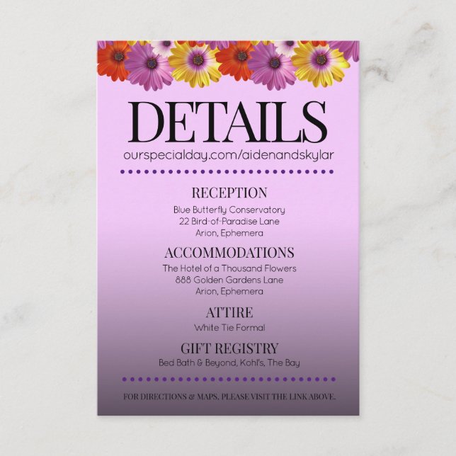 Elegant Golden Daisies with Purple Glitter Wedding Enclosure Card (Front)