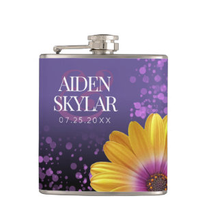 Elegant Golden Daisies with Purple Glitter Wedding Hip Flask
