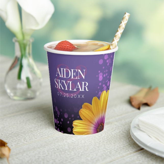 Elegant Golden Daisies with Purple Glitter Wedding Paper Cups (Insitu)