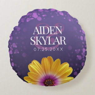 Elegant Golden Daisies with Purple Glitter Wedding Round Cushion