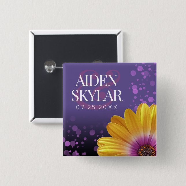 Elegant Golden Daisy with Purple Glitter Wedding 15 Cm Square Badge (Front & Back)