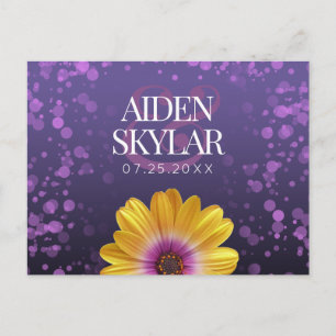 Elegant Golden Daisy with Purple Glitter Wedding Announcement Postcard