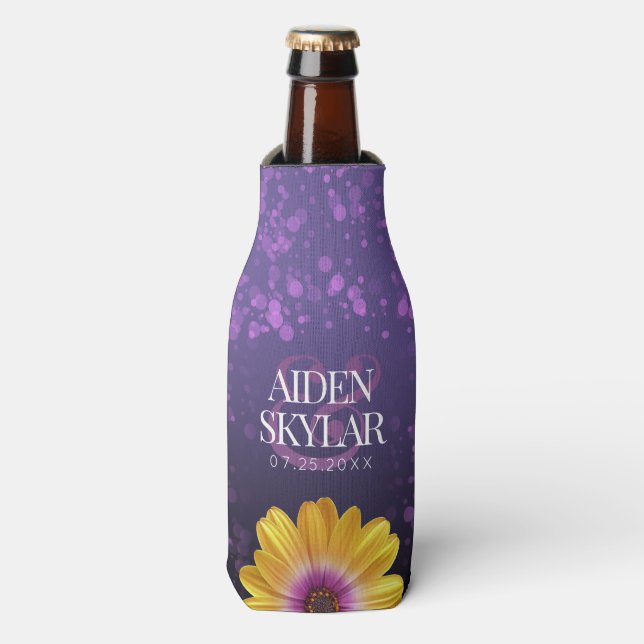 Elegant Golden Daisy with Purple Glitter Wedding Bottle Cooler (Bottle Front)