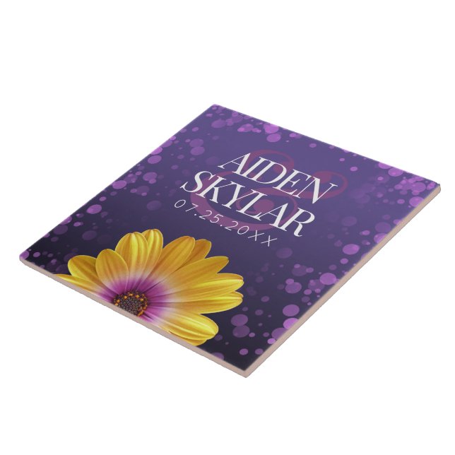 Elegant Golden Daisy with Purple Glitter Wedding Ceramic Tile (Side)