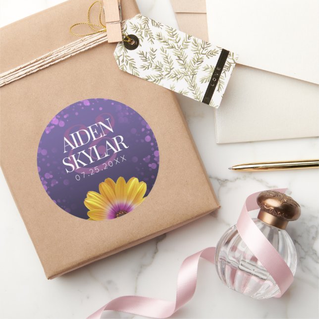 Elegant Golden Daisy with Purple Glitter Wedding Classic Round Sticker (Gifting)