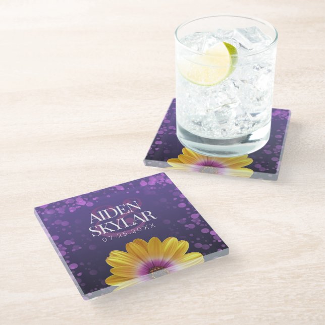 Elegant Golden Daisy with Purple Glitter Wedding Glass Coaster (Angled)
