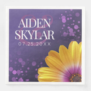 Elegant Golden Daisy with Purple Glitter Wedding Napkin