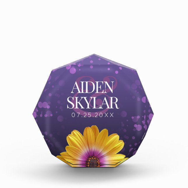 Elegant Golden Daisy with Purple Glitter Wedding Photo Block (Front)