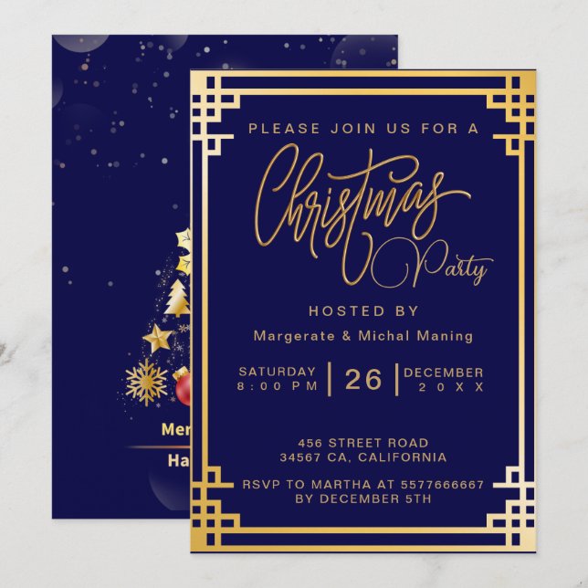 Elegant Golden Decorations and Glitter Christmas Invitation (Front/Back)