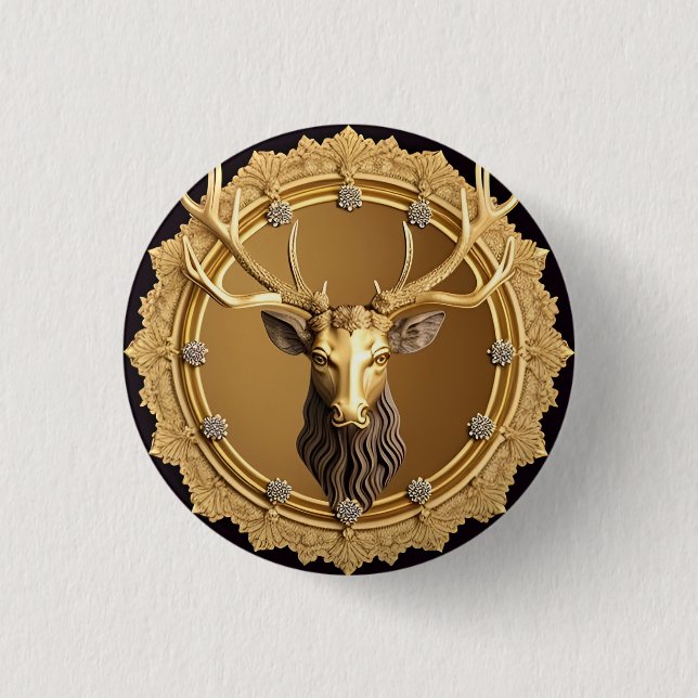Elegant Golden Deer Emblem with Ornate Frame 3 Cm Round Badge (Front)
