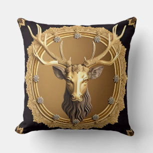 Elegant Golden Deer Emblem with Ornate Frame Cushion
