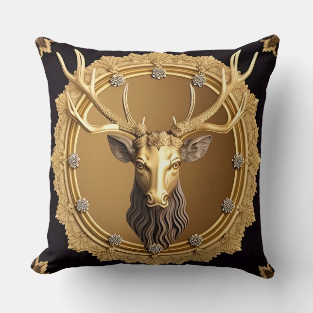 Elegant Golden Deer Emblem with Ornate Frame Cushion (Front)