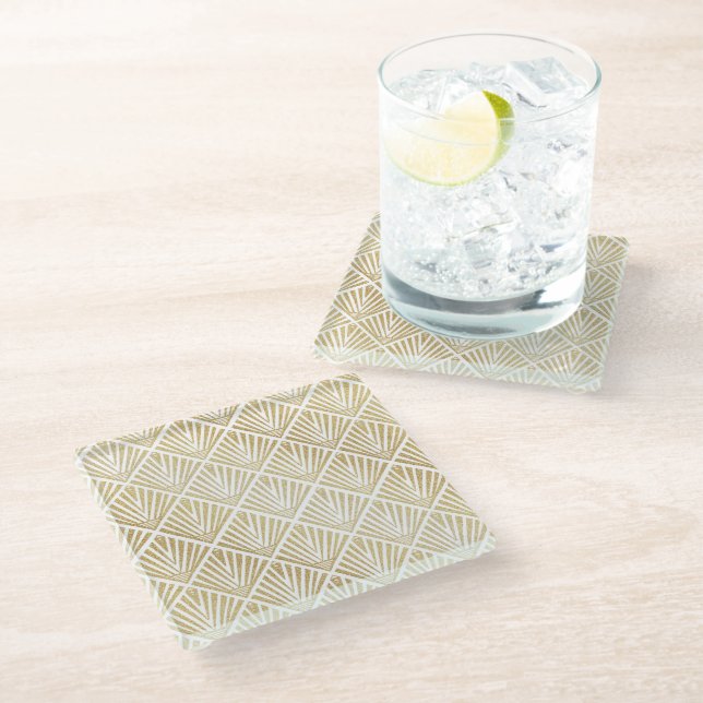 Elegant golden diamond palm art deco design glass coaster (Angled)