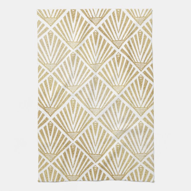 Elegant golden diamond palm art deco design tea towel (Vertical)