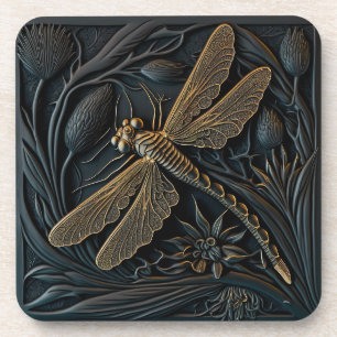 Elegant Golden Dragonfly in Bronze Filigree Coaster