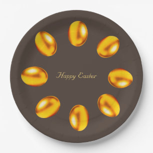 Elegant Golden Easter Eggs on Brown Beige Paper Plate