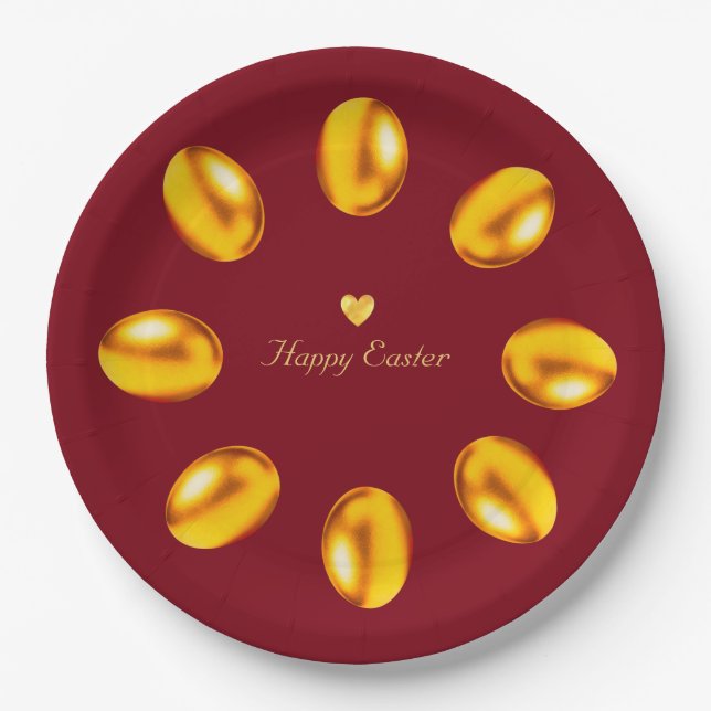 Elegant Golden Easter Eggs on Burgundy Paper Plate (Front)