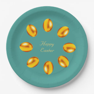 Elegant Golden Easter Eggs on Teal Paper Plate