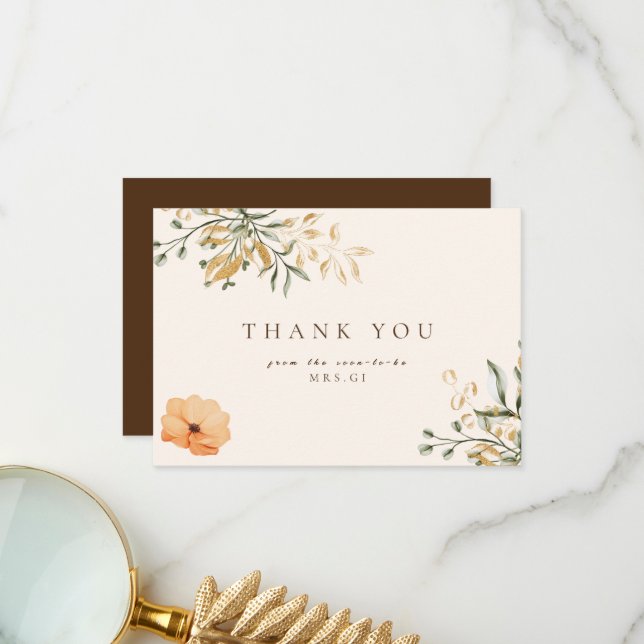 Elegant Golden Fall flower Bridal Shower Thank You (Front/Back In Situ)