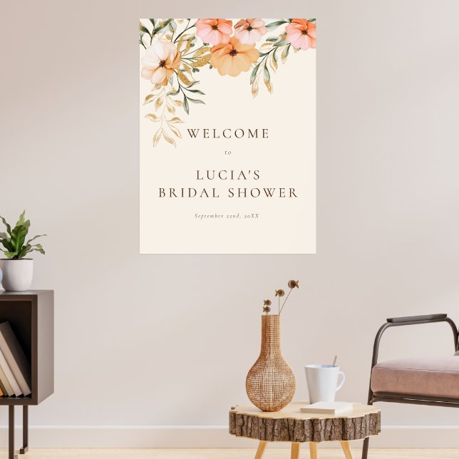 Elegant Golden Fall flowers Bridal Shower Welcome Poster (Living Room 3)