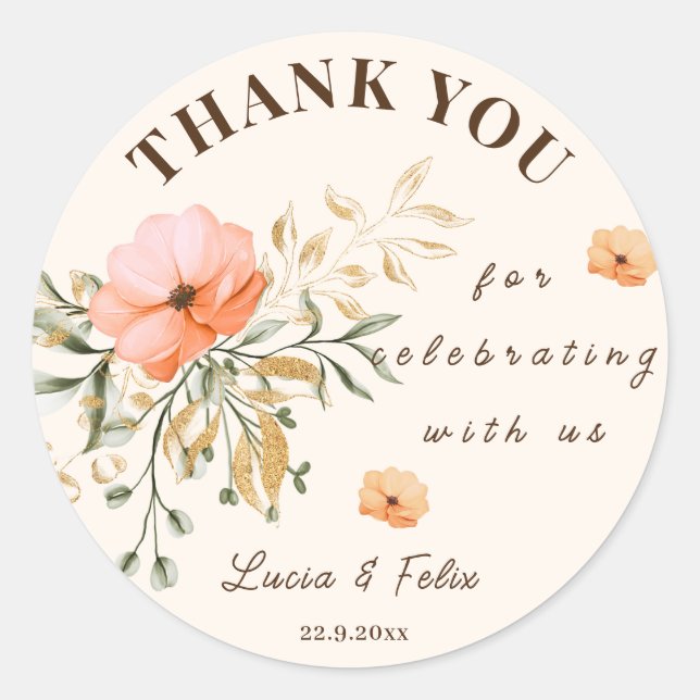 Elegant Golden Fall flowers Thank You Wedding Classic Round Sticker (Front)