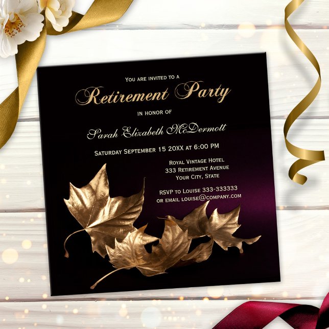Elegant Golden Fall Leaves Retirement Party Invitation (Stylish retirement party invitation featuring golden leaves on dark burgundy)
