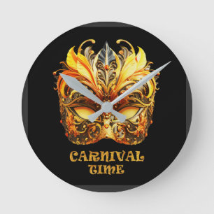 Elegant Golden Feathers Venetian Mask Round Clock