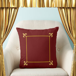 Elegant Golden Fleur de Lis Flowers on Maroon Red Cushion